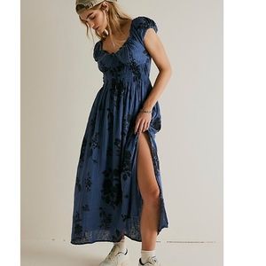 Free People Forget Me Not Midi Dress Oceania Blue Distressed